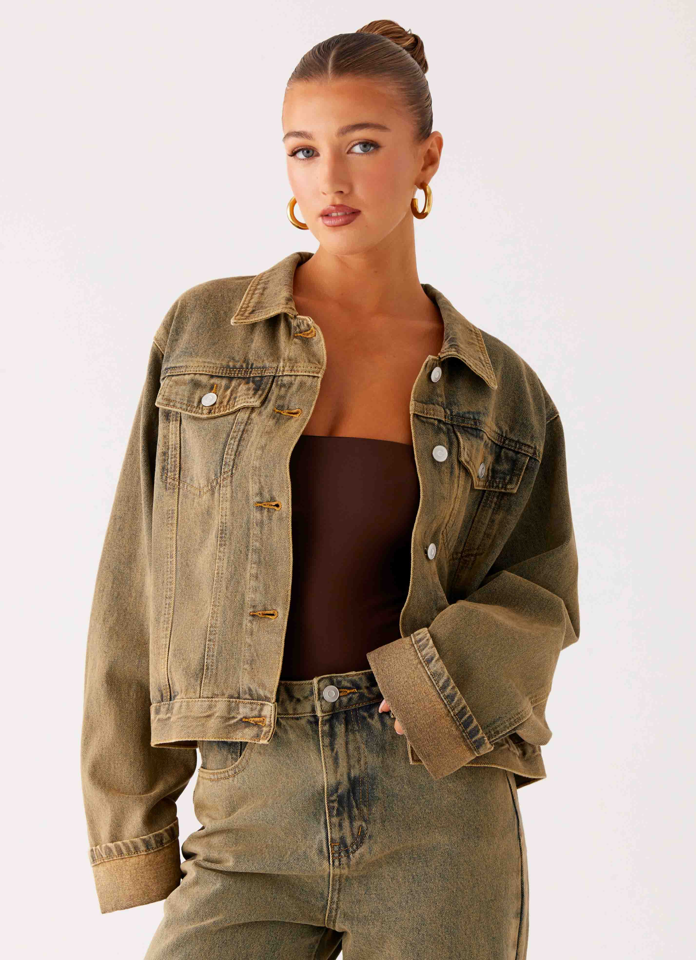Back Again Oversized Denim Jacket - Brown Sand Wash